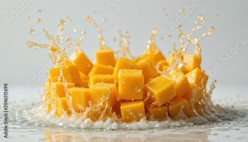A vibrant splash of water surrounds a pile of fresh mango cubes on a clean surface