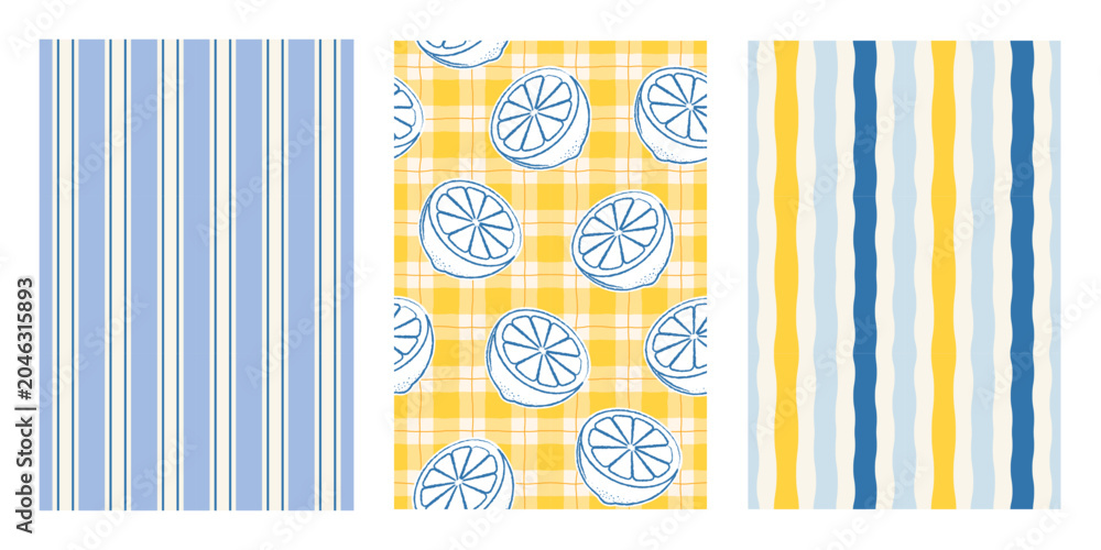 Obraz premium Italian Summer seamless pattern set. Gingham background with Sicilian lemons or citrus fruits. Irregular vertical stripes. Hand drawn Amalfi Italy posters. Vector illustration