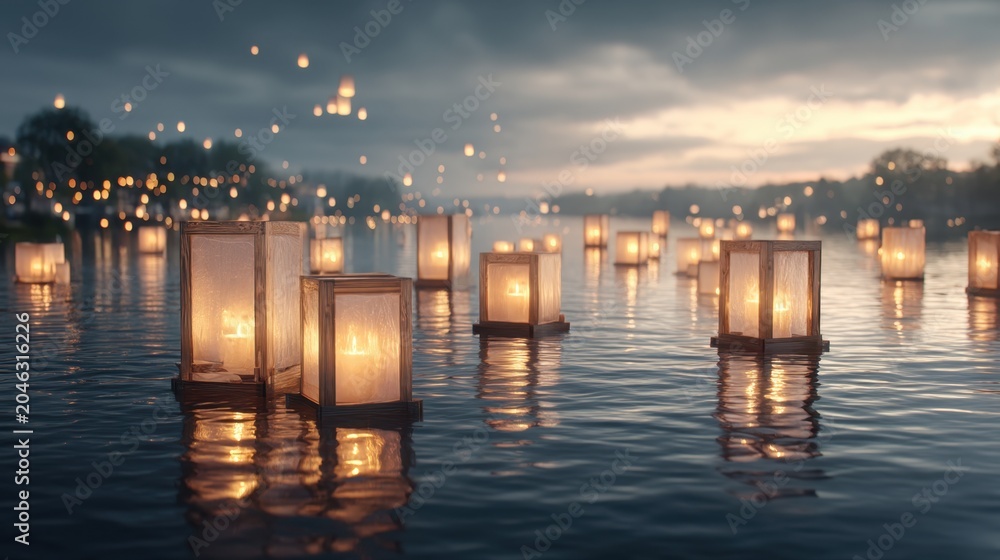 Fototapeta premium Enchanting evening dinner by the river with floating lanterns serene nature setting captivating viewpoint