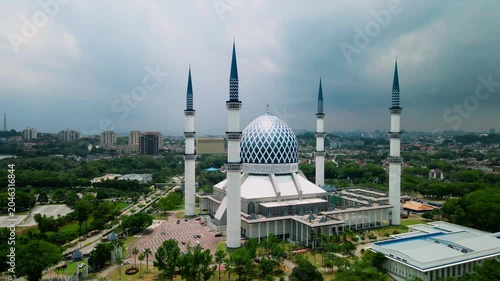 Aerial view of Sultan Salahuddin Abdul Aziz Shah Mosque, also known as the Blue Mosque, in Shah Alam, Selangor, Malaysia.