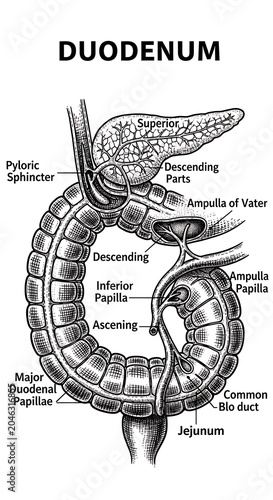 Anatomical diagram of the human duodenum structure.
