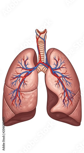 Human lungs with bronchial tubes and blood vessels.