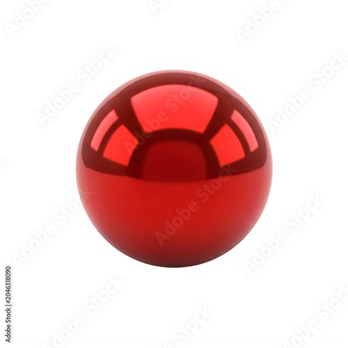 Shiny red reflective metallic sphere on plain background