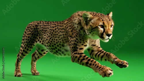 Running cheetah isolated on a green screen background, high-speed wildlife motion footage ideal for chroma key compositing and visual effects.