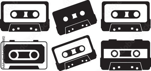 Cassette black vector. vintage cassette player vector. Vector set of cassettes. Black icon silhouette vector