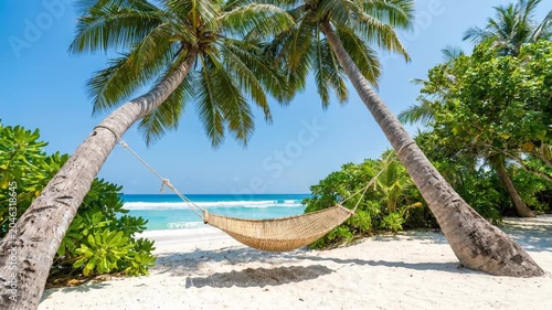 A woven hammock hangs between two palm trees on a pristine white sand beach. Turquoise ocean water laps the shore under a clear blue sky. Perfect tropical vacation.