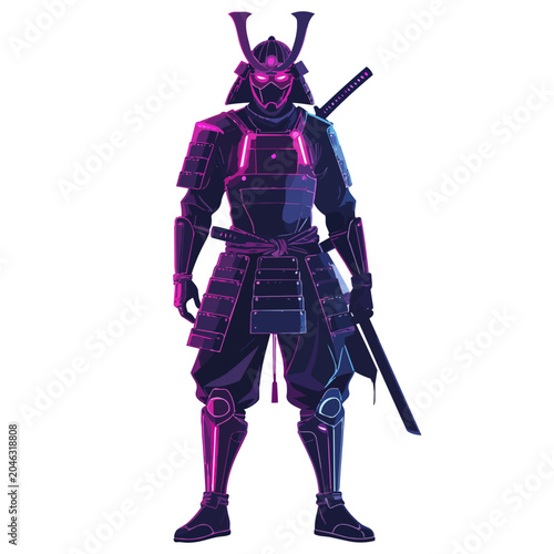 Cyberpunk Samurai Warrior in Neon Armor Vector Illustration
