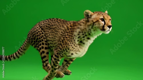 Side-view cheetah sprinting on a green screen background, dynamic animal action footage designed for seamless chroma key integration.