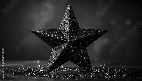 A black star with sparkles on a dark background