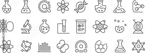 Foto Laboratory Chemistry Icon Set with Outline Beakers, Test Tubes, Atom Symbols, an