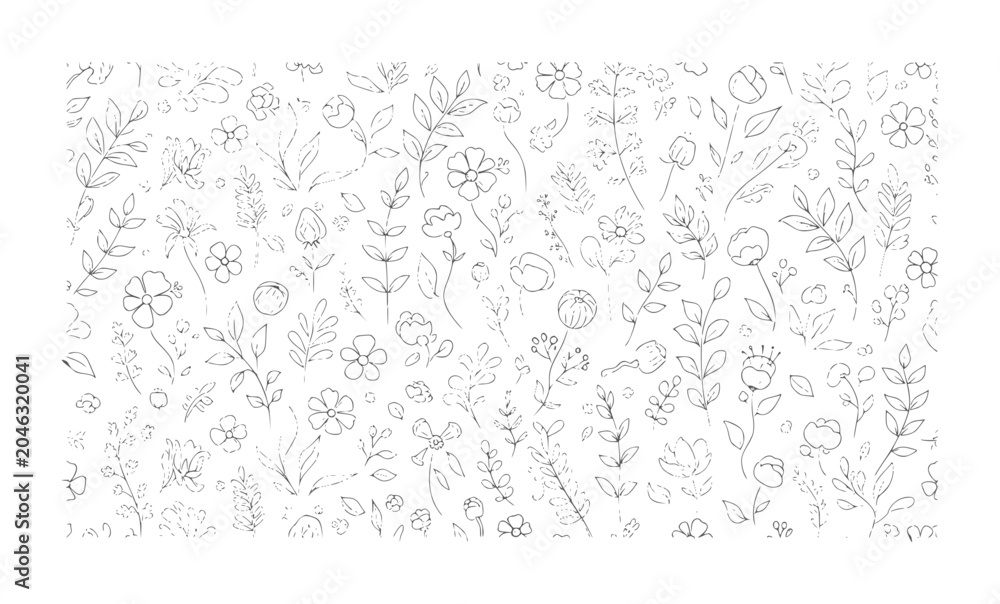 Obraz premium Delicate hand drawn floral pattern with scattered leaves and flowers botanical