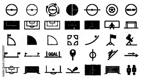 Foto Create 35 unique football field symbols, center circle, penalty box, corner arc, touchline marker, goal area, black vector only