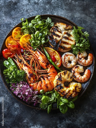 Photo of assorted grilled seafood on a plate garnished with herbs and vegetables