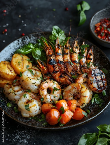 Photo of assorted grilled seafood on a plate garnished with herbs and vegetables