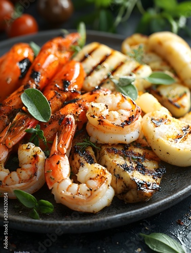 Photo of assorted grilled seafood on a plate garnished with herbs and vegetables