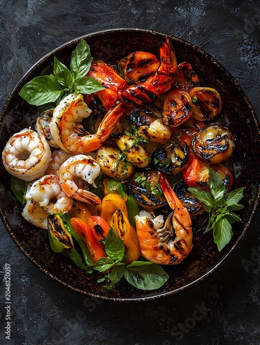 Photo of assorted grilled seafood on a plate garnished with herbs and vegetables