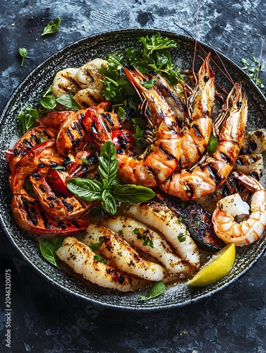 Photo of assorted grilled seafood on a plate garnished with herbs and vegetables