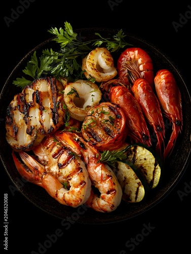 Photo of assorted grilled seafood on a plate garnished with herbs and vegetables
