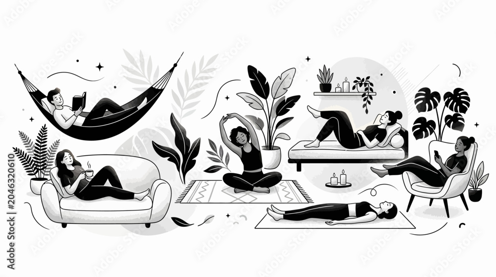 Obraz premium People relaxing at home in various positions and activities