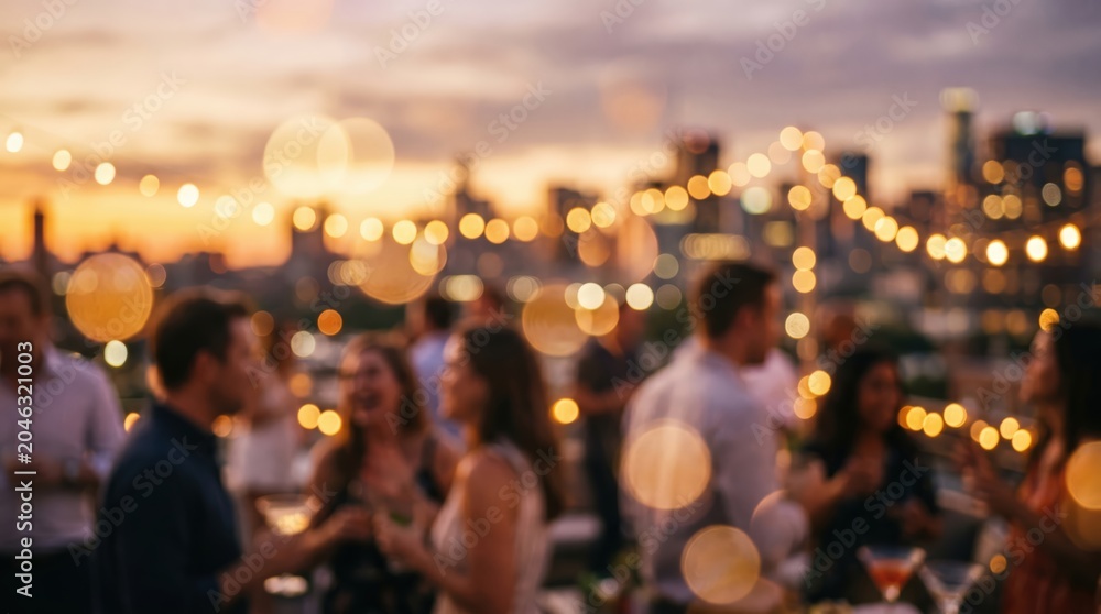 Obraz premium Blurred rooftop party sunset bokeh city skyline background social gathering celebration nightlife evening drinks people outdoor event atmosphere