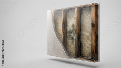 Cross section view of hidden moisture damage and mold growth inside a residential wall assembly with moisture construction insulation building renovation structural interior