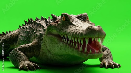 Realistic crocodile isolated on a green screen background, detailed reptile animation suitable for wildlife productions and VFX compositing.
