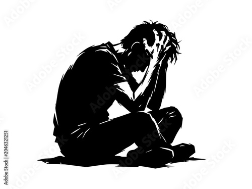 Foto Man in Silhouette Holding Head in Despair, Sitting Down, Isolated on White Backg