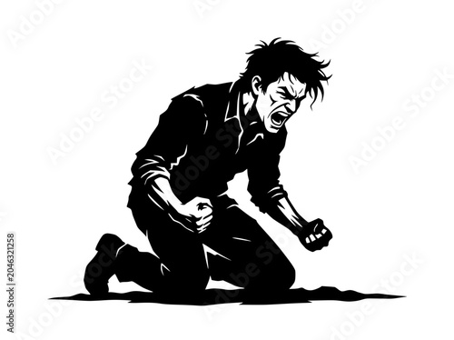 Obraz na plátně Man Kneeling, Shouting in Frustration, Anger, or Despair - Black and White Illus