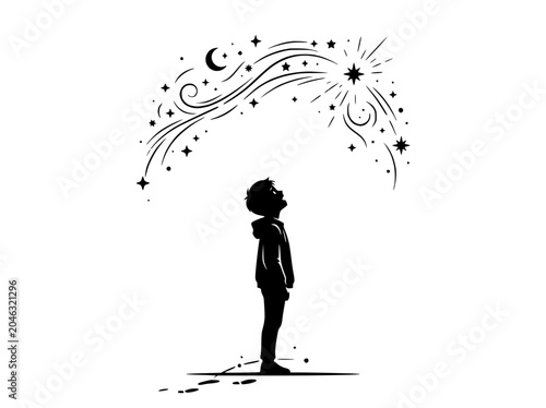 Fotografía Child looking up at starry sky, shooting star, dreams and imagination concept
