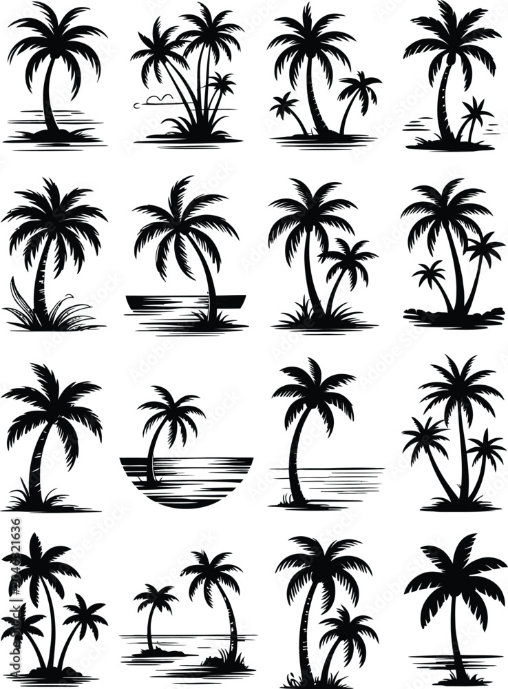 Fototapeta premium Black silhouette palm tree icons, tropical beach symbols, vector graphics set