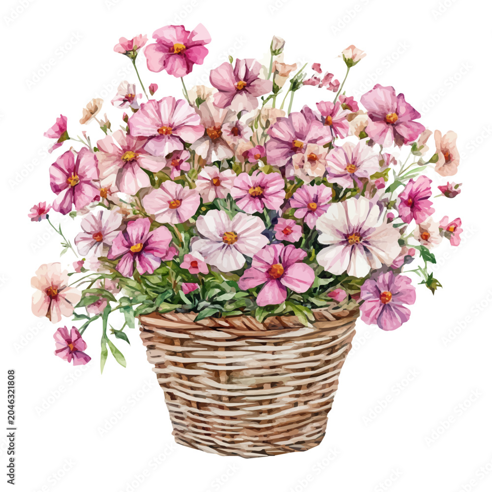 Fototapeta premium Stock Bouquet In A Basket, vector watercolor, painting isolated on a white background.