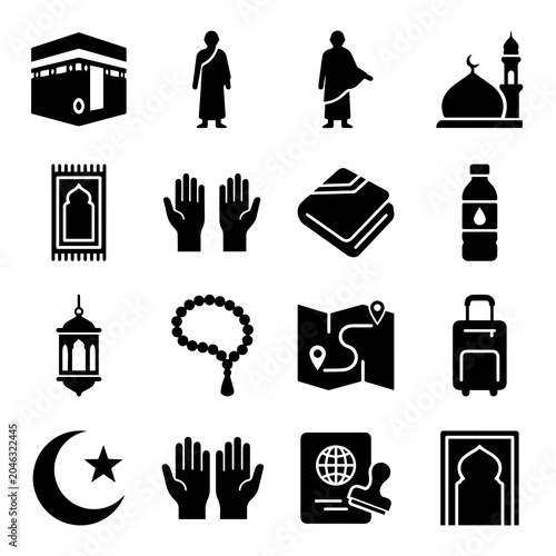 Tableau sur toile Islamic Symbols And Ritual Objects Black Silhouette Icons On White