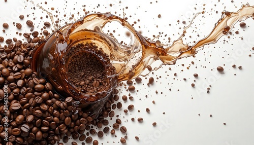 A glass of coffee spills over a pile of coffee beans on a white surface