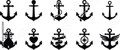 Schilderij op canvas A collection of black nautical anchor icons isolated on a white background for marine design elements