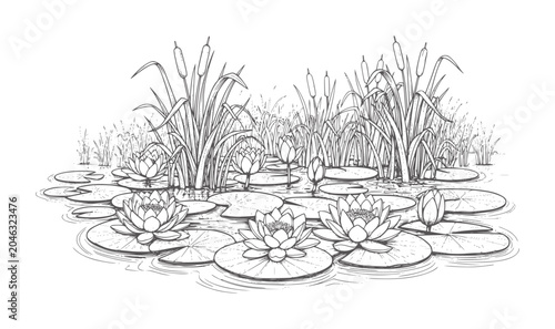 Tableau sur toile Line of water lilies and cattails in a pond lily plant