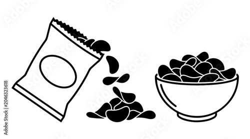 Foto Snack Silhouette Collection Featuring Chips and Bowls Representing Food, Crunchi