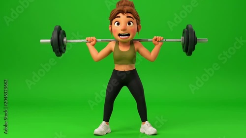 Animated fitness woman performing barbell squats on a green screen background, exercise character animation for chroma key applications.