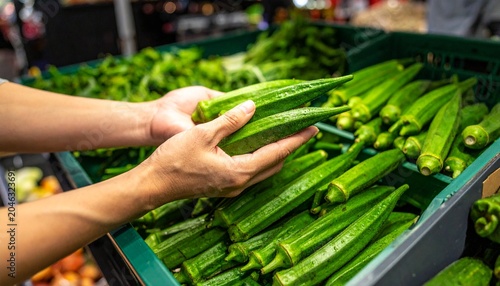 A person is selecting fresh okra from a display in a grocery store