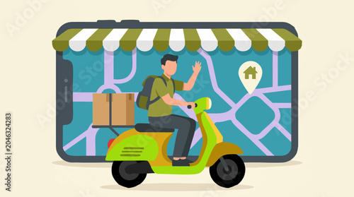 Schilderij op canvas Online Delivery Service with Scooter Rider and Map Navigation on Smartphone