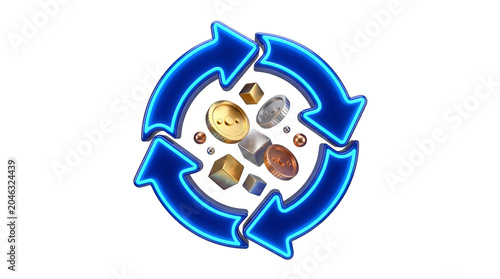 Bright blue arrows encircle a vibrant array of gold silver and copper coins and cubes in perpetual motion