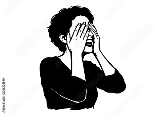 Tableau sur toile Woman Laughing Hiding Face Behind Hands - Black and White Illustration