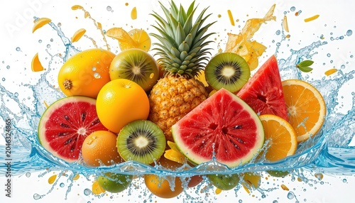 Fresh Tropical Fruits Splashing In Clear Blue Water On White