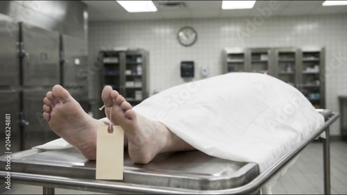 A covered deceased body with identification tag lying on a morgue autopsy table in a forensic pathology facility.