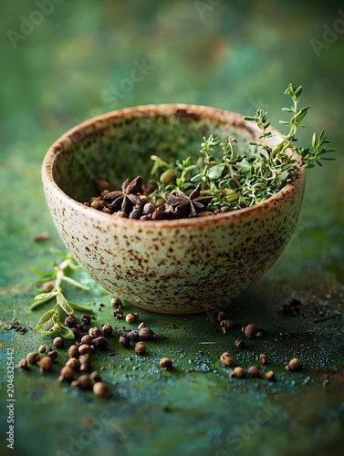 Photo of spices and fresh herbs arranged with cloves in a white bowl for cooking