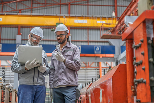 Two industrial workers inspecting machinery in a factory. Teamwork, precision, and safety gear highlight professional collaboration in metal production and mechanical maintenance.