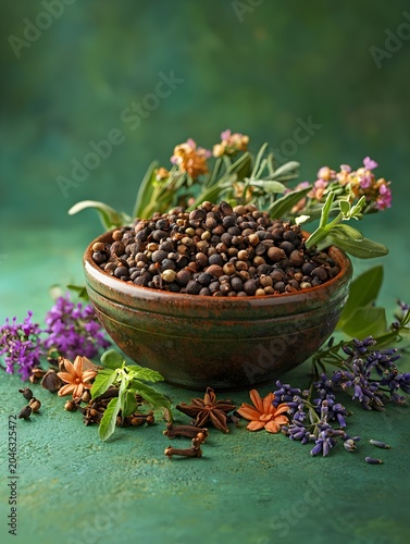 Photo of spices and fresh herbs arranged with cloves in a white bowl for cooking