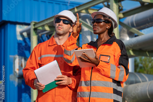 Industrial engineers wearing safety uniforms and helmets inspecting pipeline system at factory, teamwork and maintenance concept, energy industry workers using tablet and documents