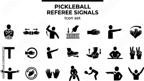 Pickleball Referee Signals Silhouette Icon Set Fault Signal Out Bounds Serve Kitchen Violation Let Call Point Side Out Timeout Replay Foot Fault Carry Line Judge 20 Icons Editable Strokes Flat Vector 