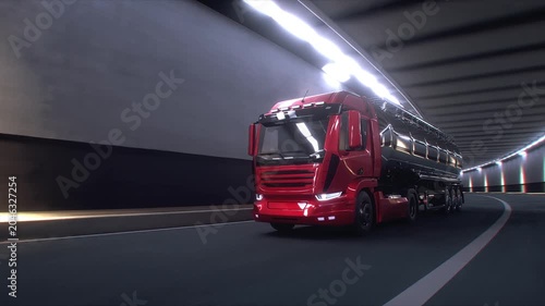 3d model red oil Tanker Truck Driving Through Modern Highway Tunnel. Realistic 4k animation.