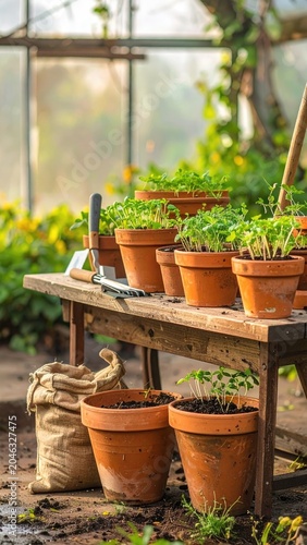 Greenhouse Seedlings Growing in Terracotta Pots on Wooden Bench.